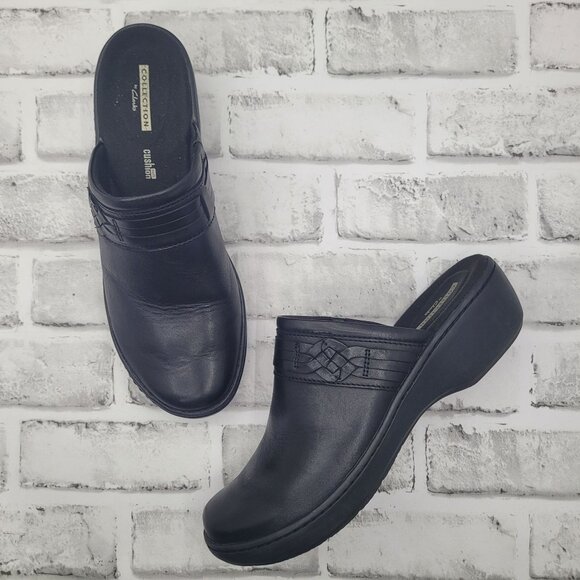 Clark's Collection Delana Hayden Black Leather Slip On Clogs Size 8.5 - Picture 1 of 7